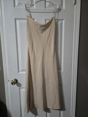 Hebeos Cowlneck Bodycon Midi Length Minimalist Dress in Buttery Cream, EUC!